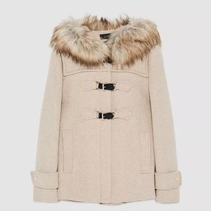 ZARA Wool Faux Fur Hooded Duffle Coat Beige (S)